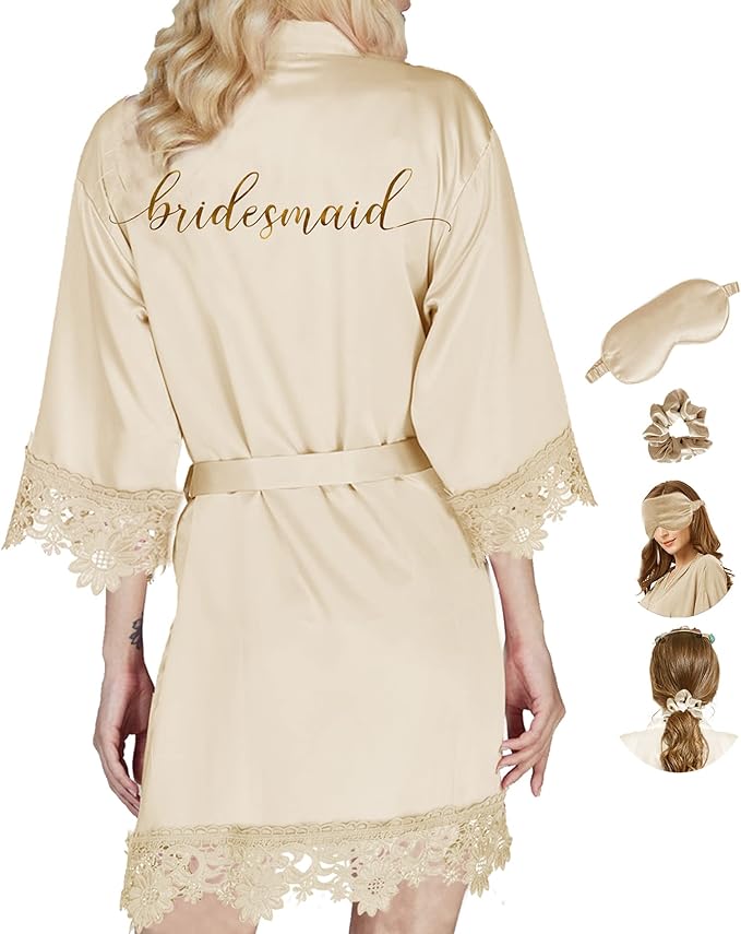 Lace Trim Bridesmaid Robe with Eyemask and Scrunchies