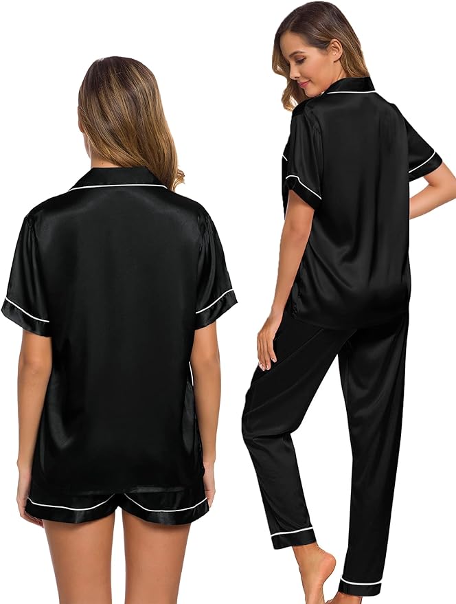 4 Piece Satin Sleepwear Set - Black