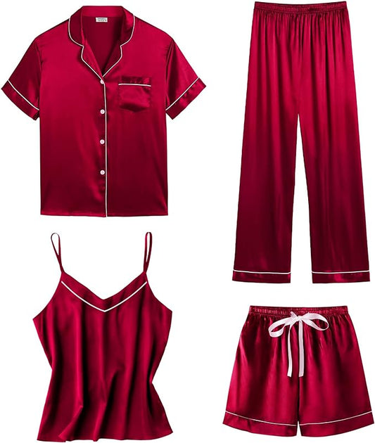 4 Piece Satin Sleepwear  - Red