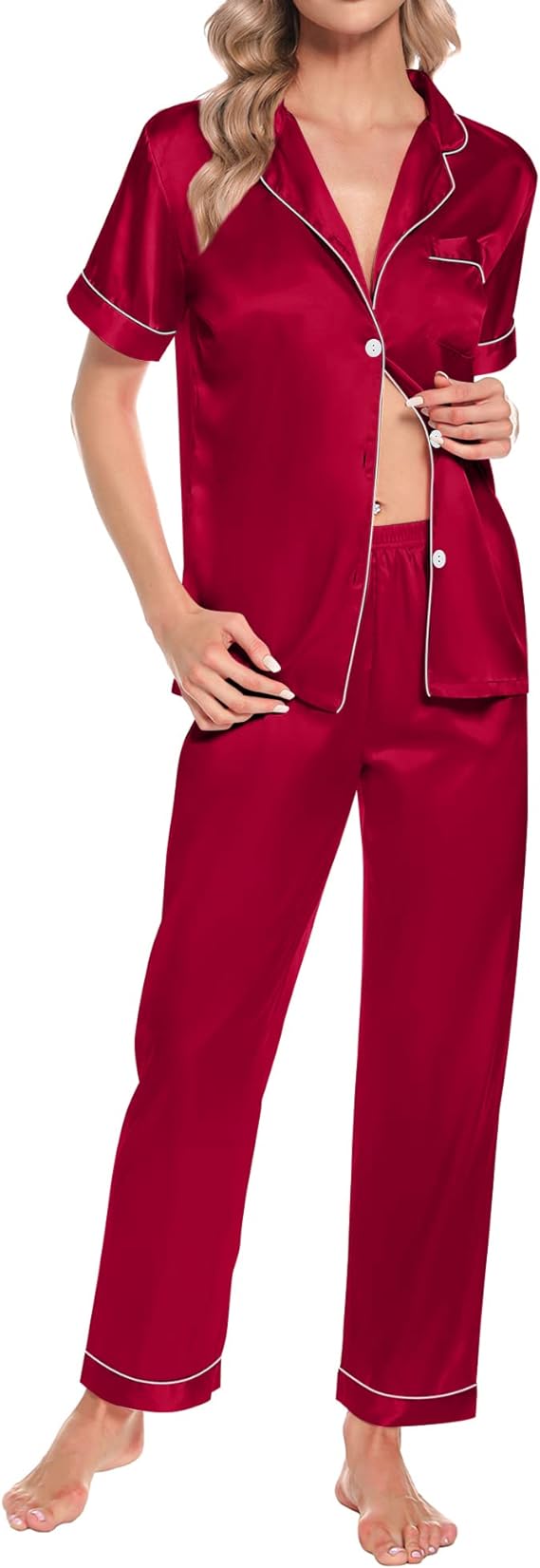 4 Piece Satin Sleepwear  - Red