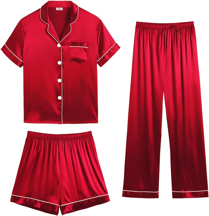 4 Piece Satin  Sleepwear  Set -Red