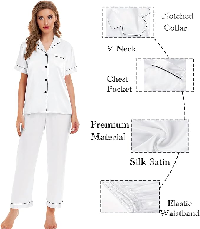4 Piece Satin Sleepwear Set - White