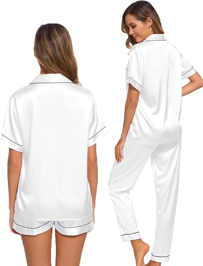 4 Piece Satin Sleepwear Set - White