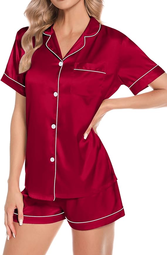 4 Piece Satin Sleepwear  - Red