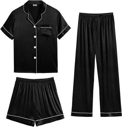 4 Piece Satin Sleepwear Set - Black