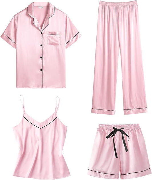 4 piece satin loungewear  - Baby Pink