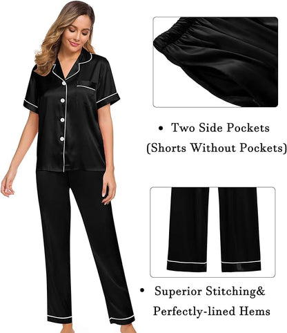 4 Piece Satin Sleepwear Set - Black
