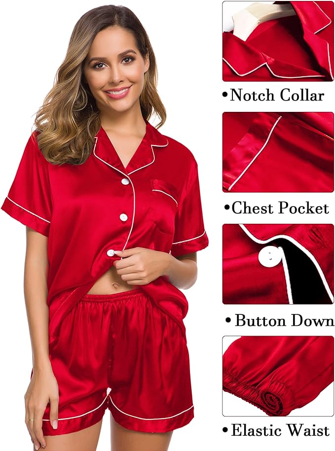 4 Piece Satin  Sleepwear  Set -Red