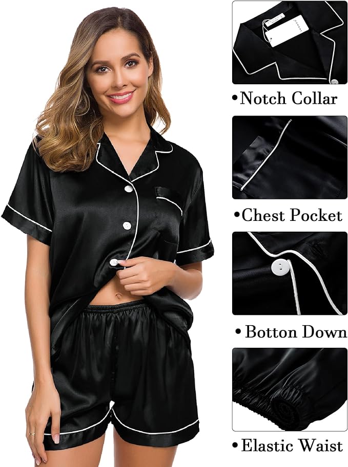 4 Piece Satin Sleepwear Set - Black