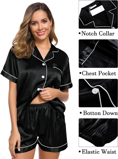 4 Piece Satin Sleepwear Set - Black