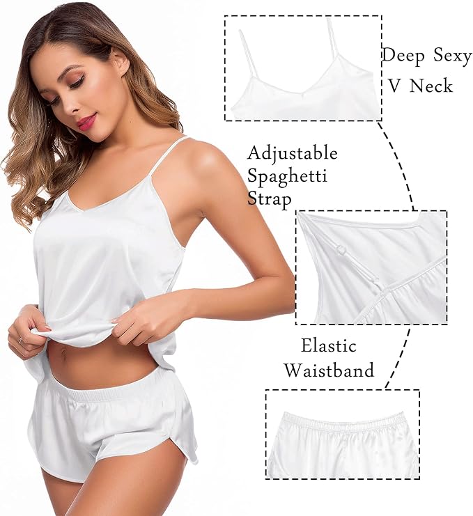 4 Piece Satin Sleepwear Set - White