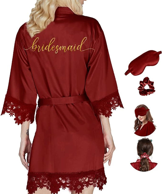 Lace Trim Bridesmaid Robe with Eyemask and Scrunchies
