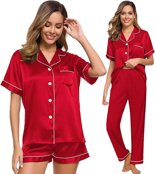 4 Piece Satin  Sleepwear  Set -Red