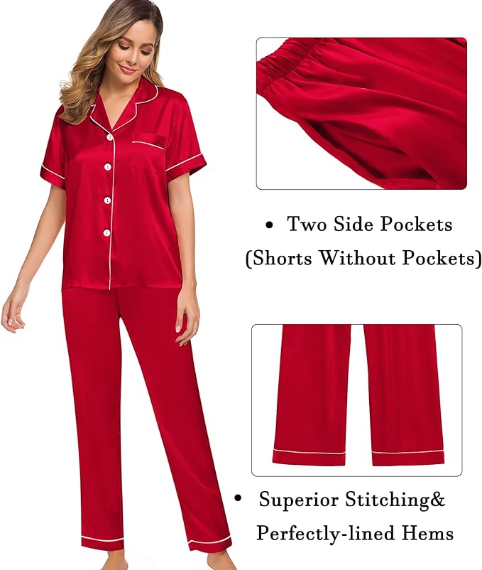 4 Piece Satin  Sleepwear  Set -Red