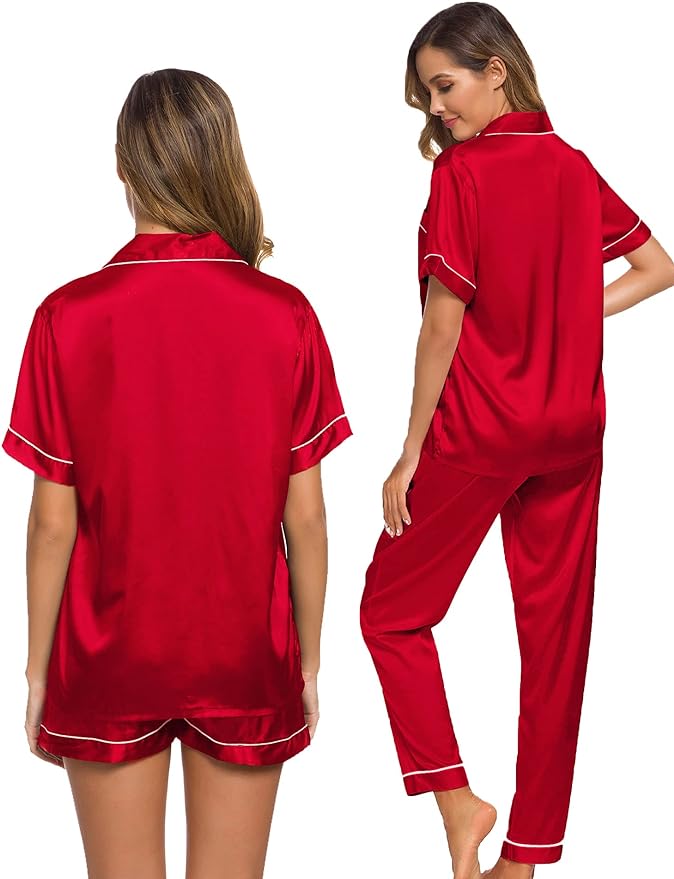 4 Piece Satin  Sleepwear  Set -Red