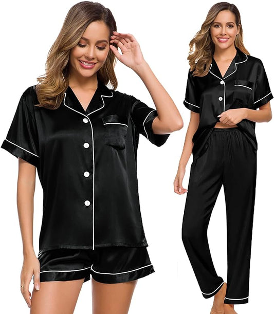 4 Piece Satin Sleepwear Set - Black