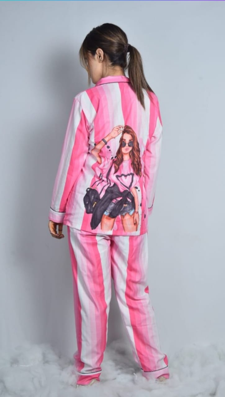 Pink stripes back print nightwear