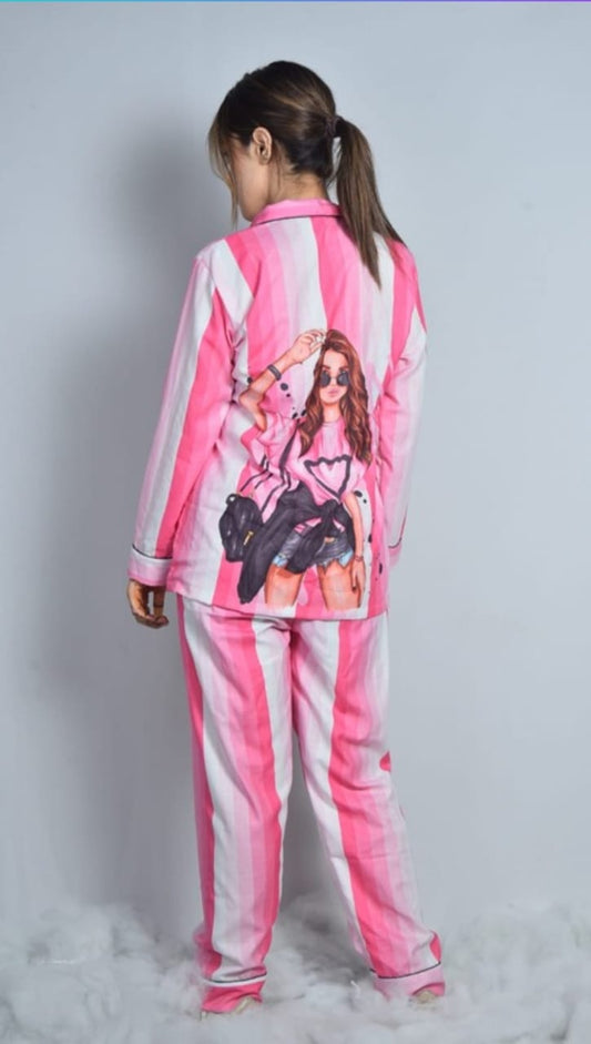 Pink stripes back print nightwear