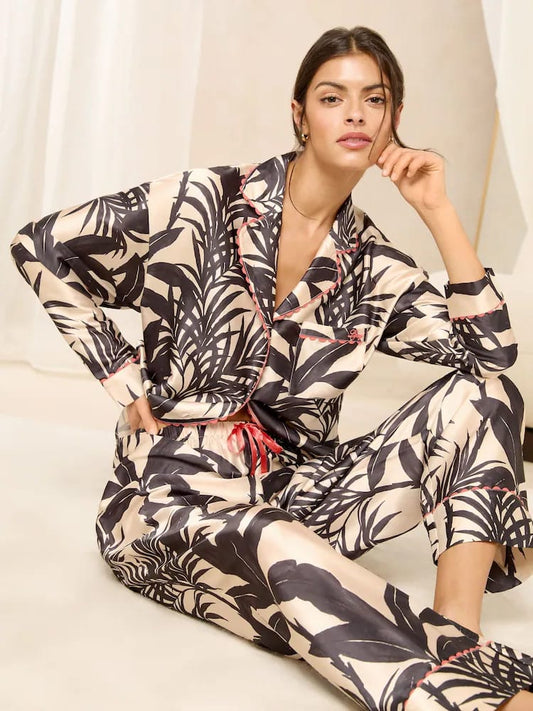 Black Tropical Print Satin Loungewear