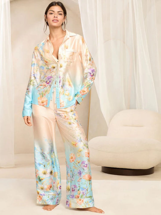 Pastel Double Shade Floral Satin Loungewear – Soft, Elegant & Blooming with Style
