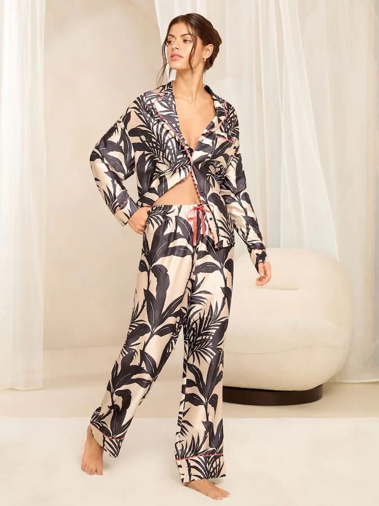 Black Tropical Print Satin Loungewear