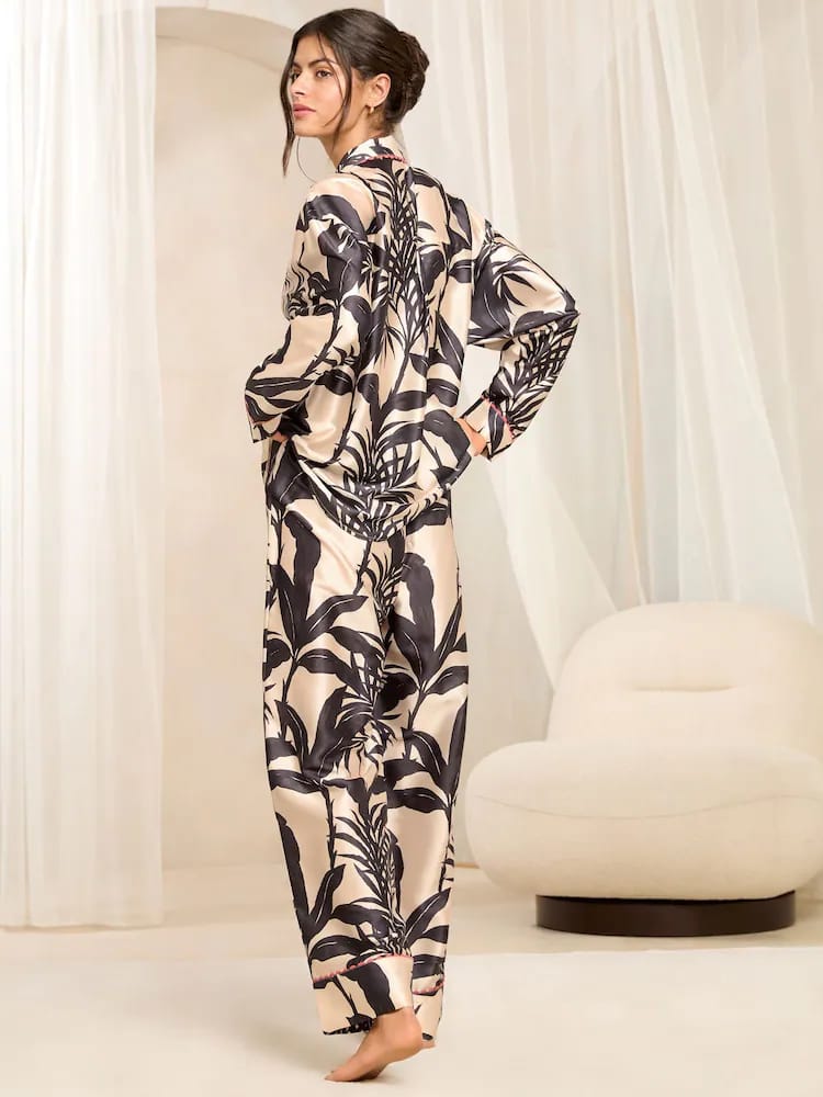 Black Tropical Print Satin Loungewear
