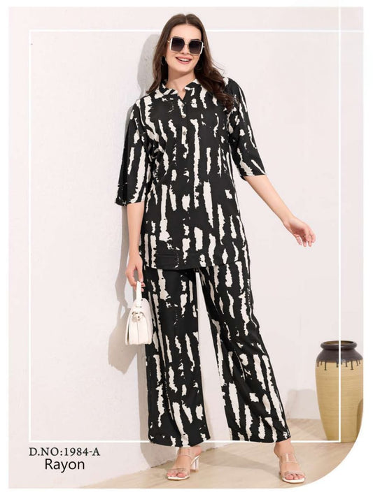 Chic Monochrome Abstract Print Rayon Co-ord Set
