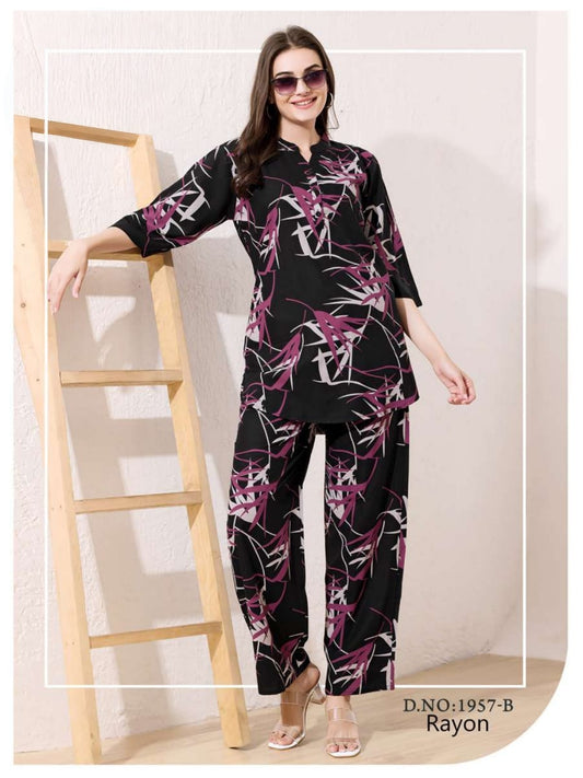 Elegant Plum & Grey Botanical Leaf Print Rayon Co-ord Set