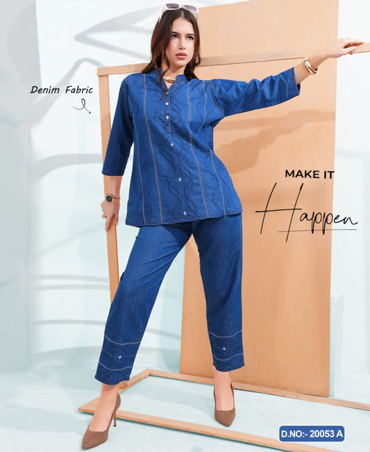 Elegant Embroidered Denim Co-ord Set - "Make It Happen" Edition