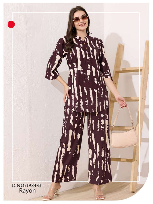 Sophisticated Wine & Cream Abstract Print Rayon Co-ord Set