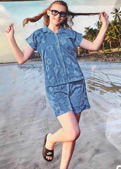 Azure Floral Textured Denim Shorts Set – "Beach Bliss" Collection