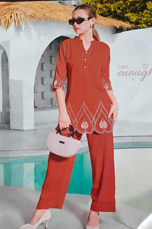 Terracotta Scalloped Embroidery Rayon Co-ord Set