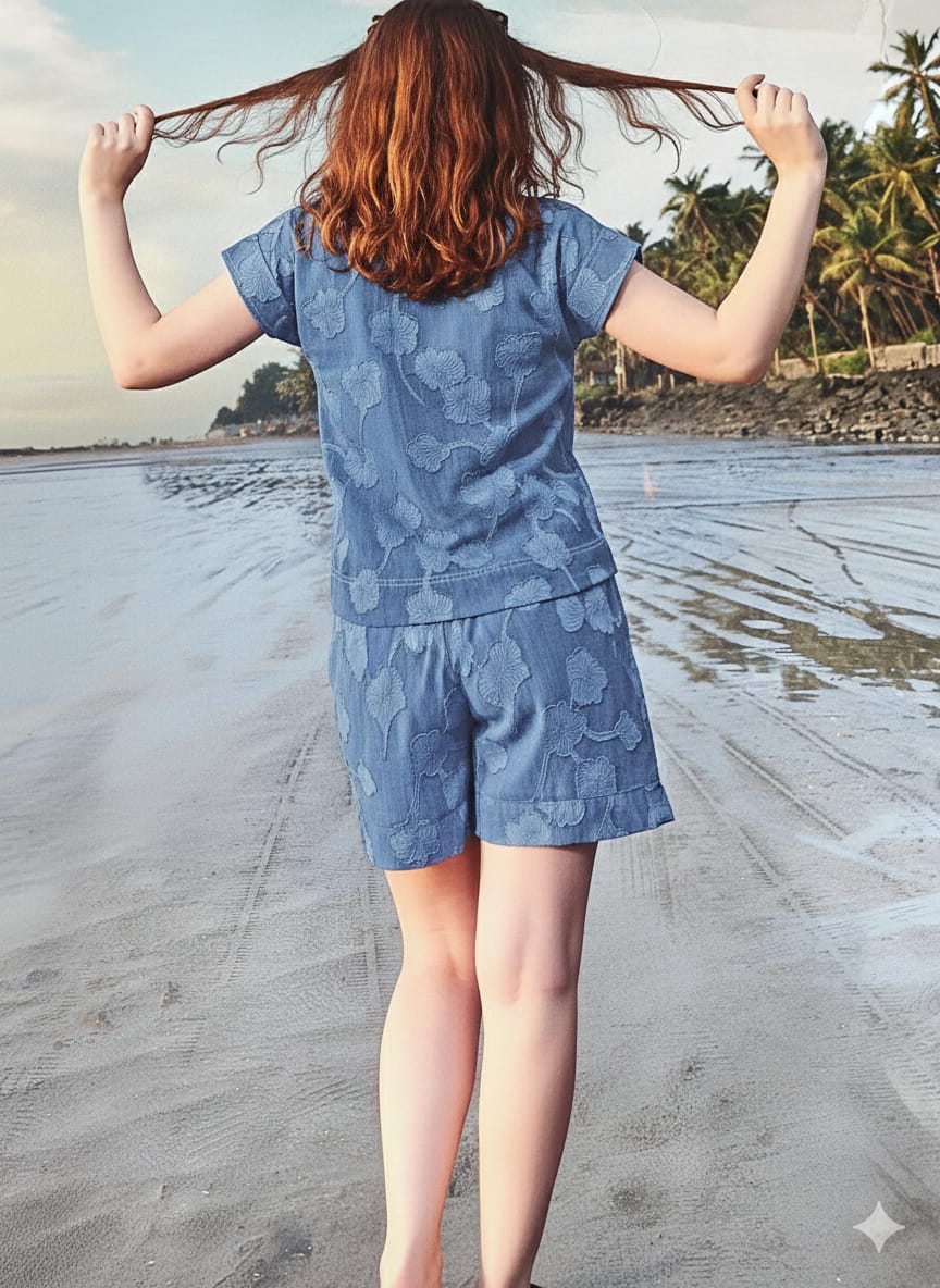 Azure Floral Textured Denim Shorts Set – "Beach Bliss" Collection