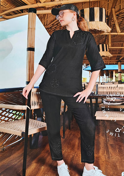 Midnight Bloom Embroidered Denim Co-ord Set – "Summer Holiday" Edition