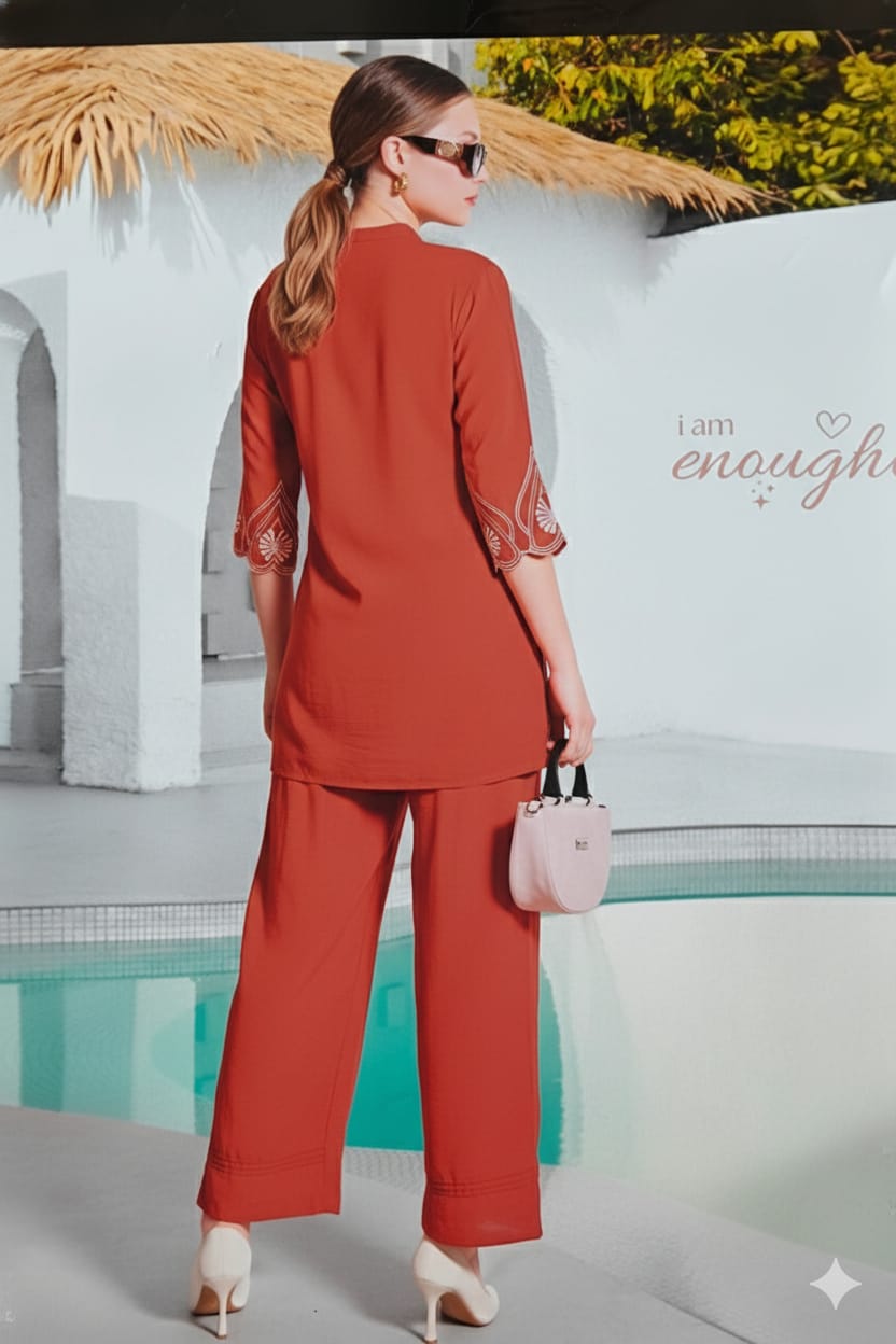 Terracotta Scalloped Embroidery Rayon Co-ord Set