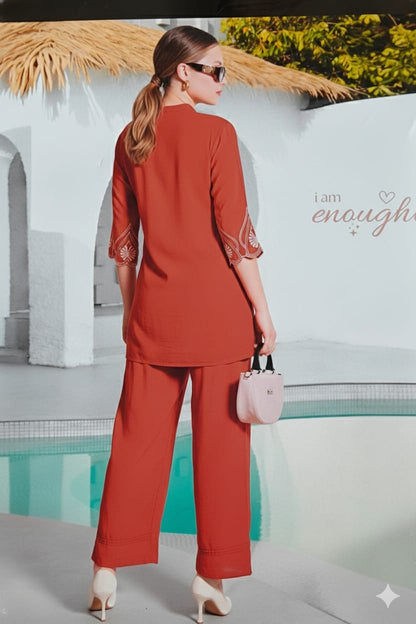 Terracotta Scalloped Embroidery Rayon Co-ord Set