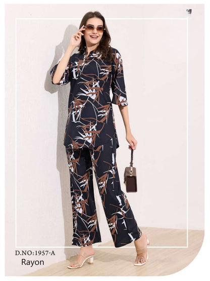 Midnight Navy & Tan Botanical Rayon Co-ord Set