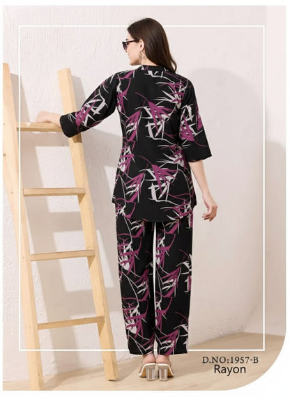 Elegant Plum & Grey Botanical Leaf Print Rayon Co-ord Set