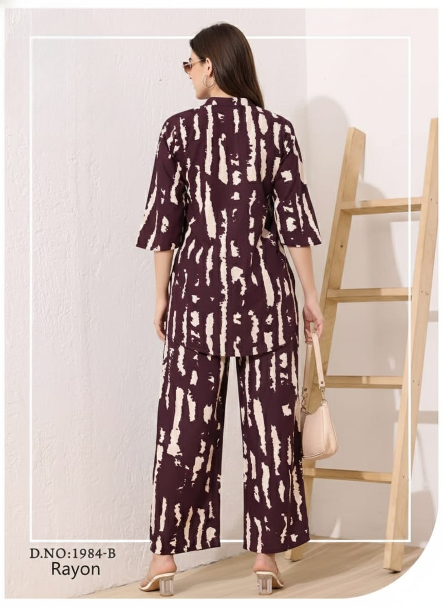 Sophisticated Wine & Cream Abstract Print Rayon Co-ord Set