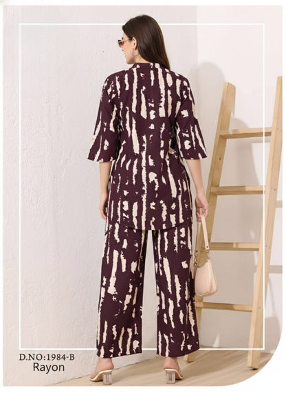 Sophisticated Wine & Cream Abstract Print Rayon Co-ord Set