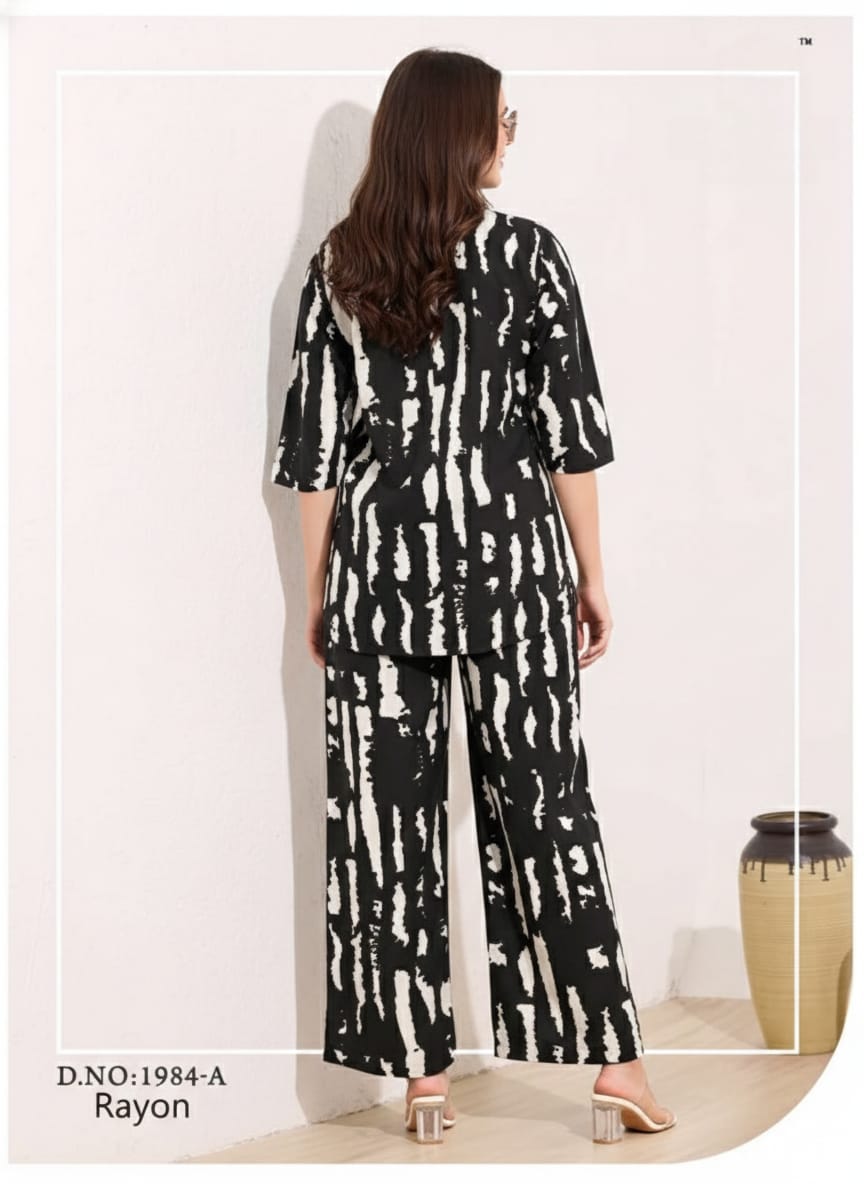 Chic Monochrome Abstract Print Rayon Co-ord Set