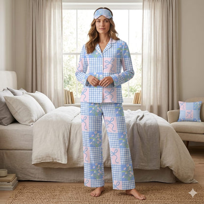 Blue Gingham & Floral Patchwork Pajama Set