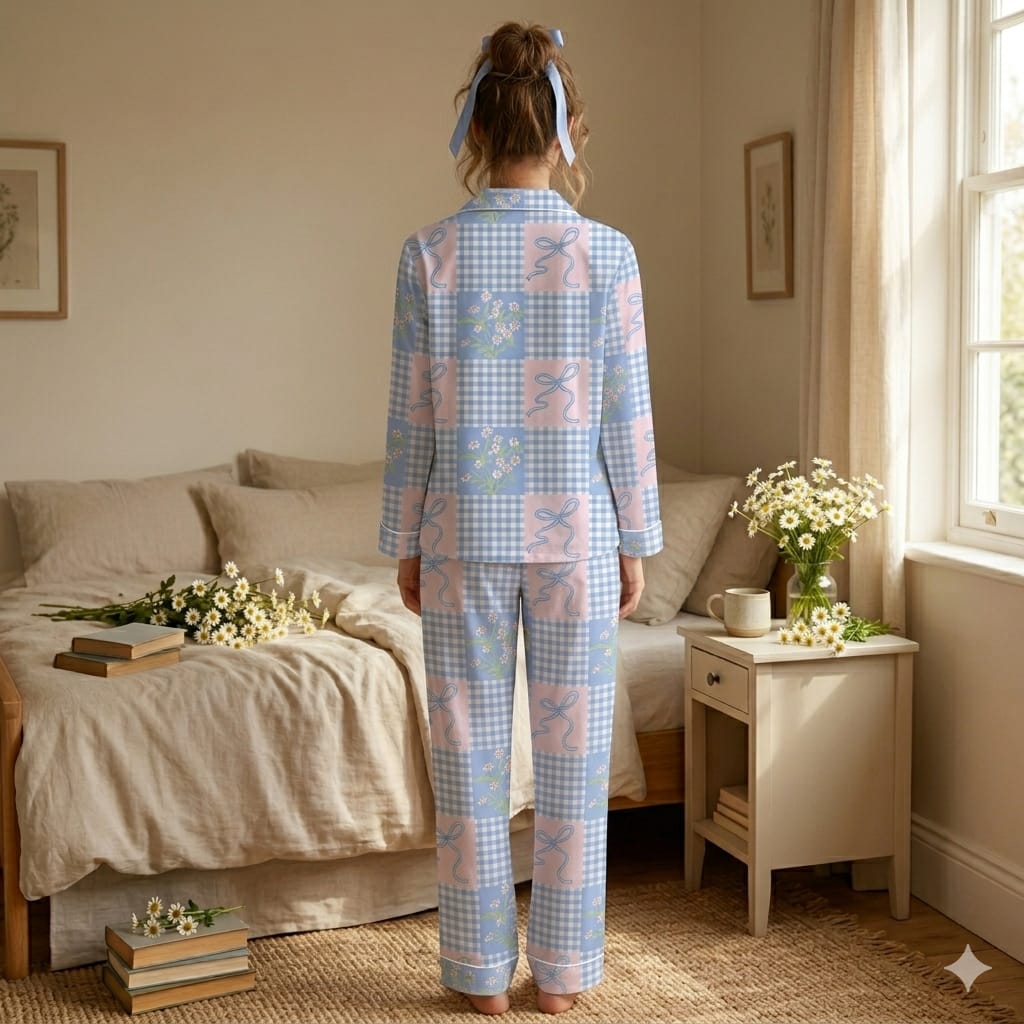Blue Gingham & Floral Patchwork Pajama Set
