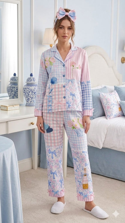 Pastel Perfection: Mixed-Print Pajama Set
