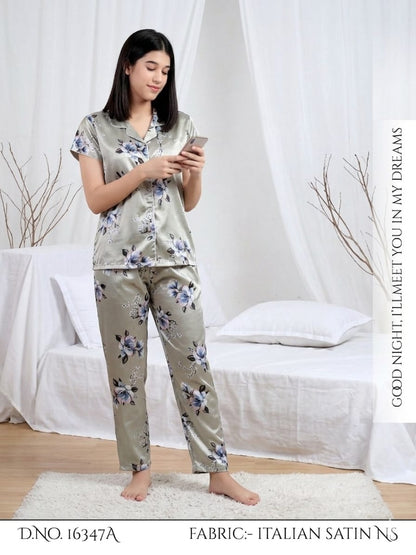 Serene Floral Italian Satin Pajama Set