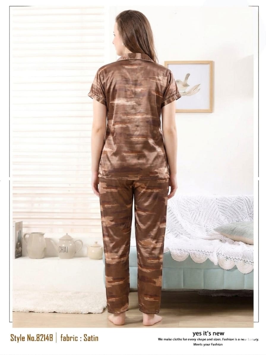 Luxurious Earth-Tone Abstract Satin Pajama Set