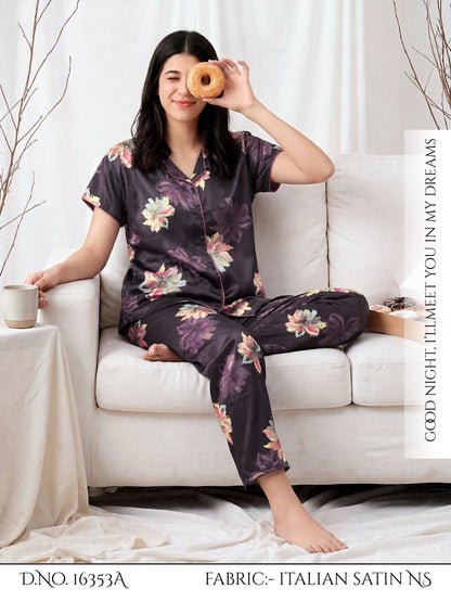 Midnight Bloom Italian Satin Pajama Set