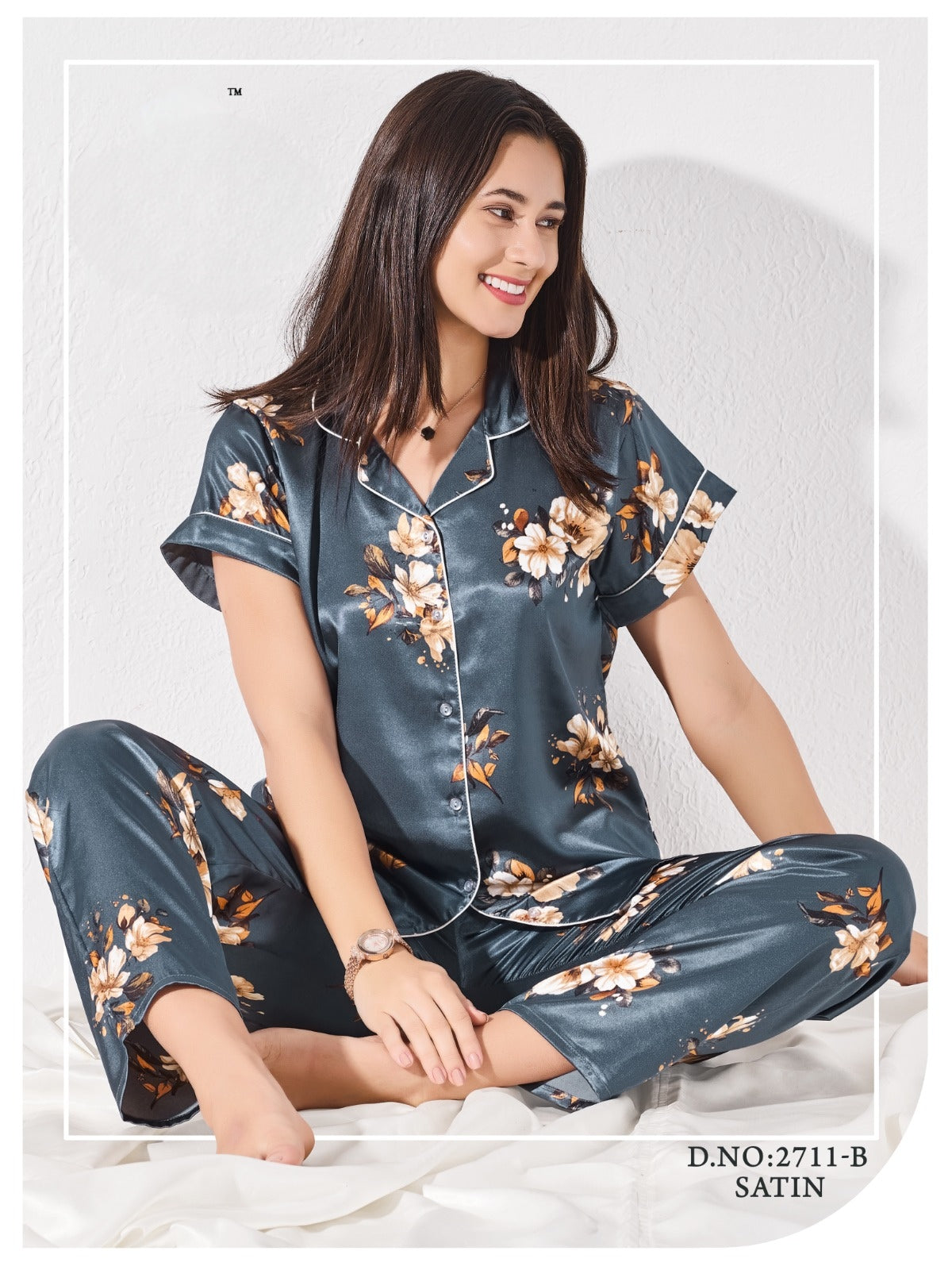 Teal Satin Short-Sleeve Floral Pajama Set