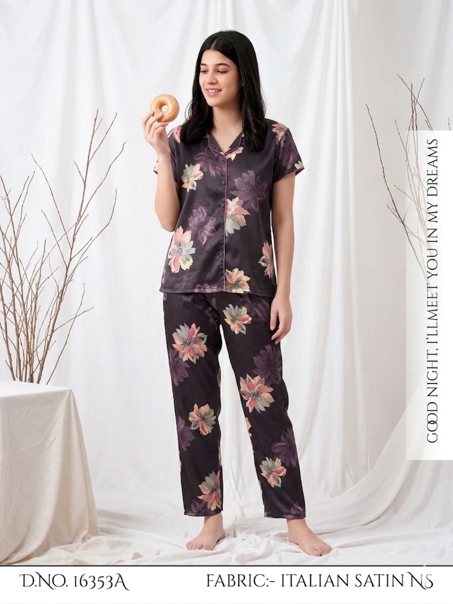 Midnight Bloom Italian Satin Pajama Set