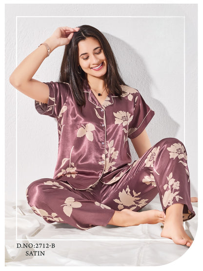 Midnight Mauve Floral Satin Pajama Set